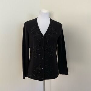 Petite Sophisticate Black Beaded Women's Wool  Cardigan Sweater